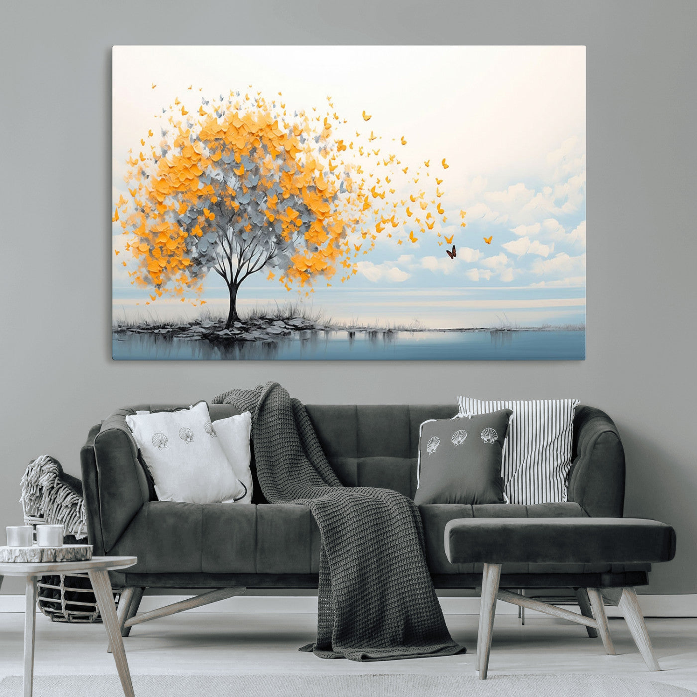 23385-MGV-CV-36X24-Golden Butterfly Tree Wall Art – Abstract Yellow and Gray Canvas Print, Modern Nature Artwork for Living Room, Bedroom or Office