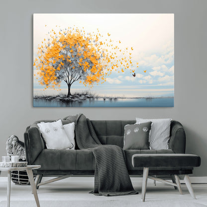 23385-MGV-CV-36X24-Golden Butterfly Tree Wall Art – Abstract Yellow and Gray Canvas Print, Modern Nature Artwork for Living Room, Bedroom or Office