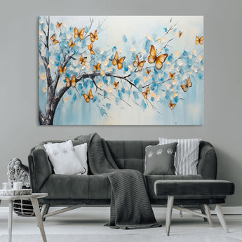 59455-MGV-CV-36X24-Butterfly Tree Branch Wall Art – Blue and Yellow Abstract Canvas Print, Modern Nature Artwork for Living Room, Bedroom or Office