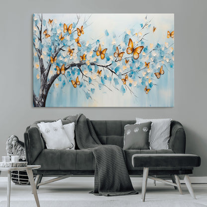59455-MGV-CV-36X24-Butterfly Tree Branch Wall Art – Blue and Yellow Abstract Canvas Print, Modern Nature Artwork for Living Room, Bedroom or Office