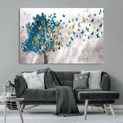 37564-MGV-CV-36X24-Butterfly Tree Wall Art – Modern Nature Canvas Print with Blue and Golden Butterflies, Elegant Decorative Painting for Living Room