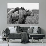 76338-MGV-CV-36X24-Mother Bear and Cub Wall Art – Black and White Wildlife Canvas Print, Rustic Nature Photography for Cabin, Living Room or Office