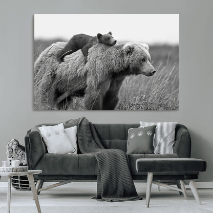 76338-MGV-CV-36X24-Mother Bear and Cub Wall Art – Black and White Wildlife Canvas Print, Rustic Nature Photography for Cabin, Living Room or Office
