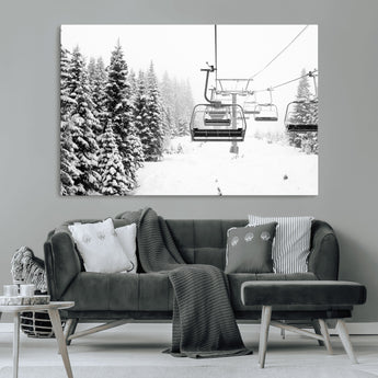 70609-MGV-CV-36X24-Snowy Ski Lift Wall Art – Black and White Winter Mountain Landscape Canvas Print, Rustic Lodge Decor for Cabin, Living Room or
