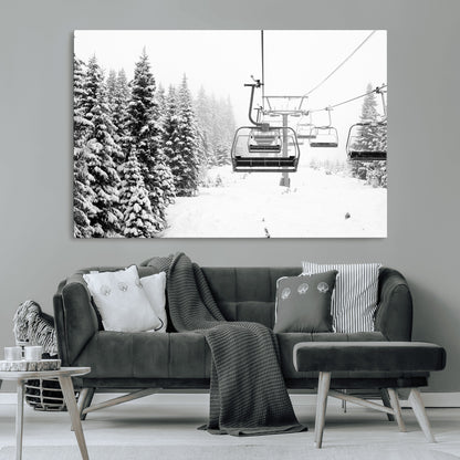 70609-MGV-CV-36X24-Snowy Ski Lift Wall Art – Black and White Winter Mountain Landscape Canvas Print, Rustic Lodge Decor for Cabin, Living Room or