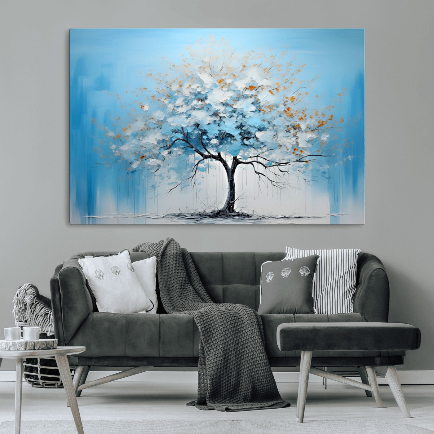 25021-MGV-CV-36X24-Abstract Tree Wall Art – Blue and White Canvas Painting with Gold Accents, Modern Nature-Inspired Artwork for Living Room, Bedroom