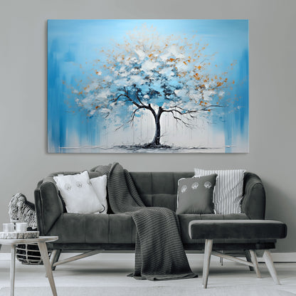 25021-MGV-CV-36X24-Abstract Tree Wall Art – Blue and White Canvas Painting with Gold Accents, Modern Nature-Inspired Artwork for Living Room, Bedroom