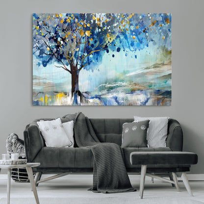 17018-MGV-CV-36X24-Abstract Blue Tree Wall Art – Colorful Canvas Painting with Gold and Silver Accents, Modern Nature Artwork for Living Room,