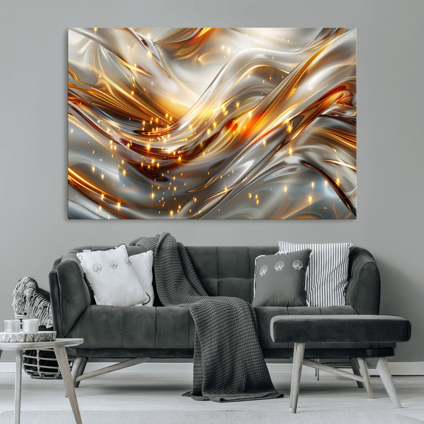 Lines1-MGV-CV-36X24-Abstract Metallic Wall Art – Silver and Gold Wave Canvas Print with Sparkling Accents, Modern Luxury Decor for Living Room, Office