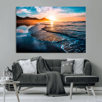 26494-MGV-CV-36X24-Ocean Sunset Wall Art – Scenic Beach Canvas Print with Waves and Mountains, Coastal Seascape Photography for Living Room, Bedroom