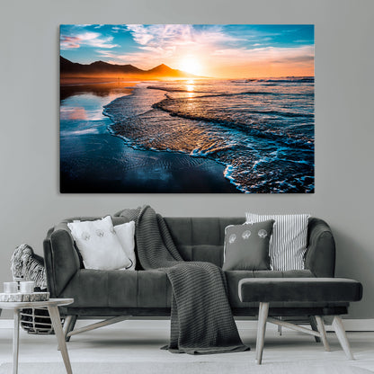 26494-MGV-CV-36X24-Ocean Sunset Wall Art – Scenic Beach Canvas Print with Waves and Mountains, Coastal Seascape Photography for Living Room, Bedroom