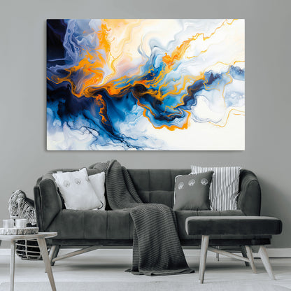 83720-MGV-CV-36X24-Abstract Fluid Wall Art – Blue, White and Gold Swirl Canvas Painting, Modern Contemporary Artwork for Living Room, Bedroom or