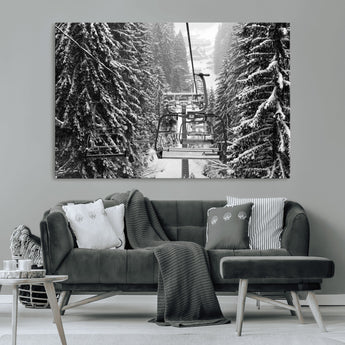 19240-MGV-CV-36X24-Ski Lift Wall Art – Black and White Winter Mountain Canvas Print, Snowy Forest Ski Resort Photography for Cabin, Lodge, Office or