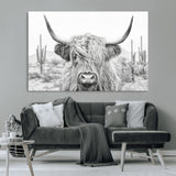 94579-MGV-CV-36X24-Highland Cow Wall Art – Black and White Longhorn Canvas Print, Rustic Western Farmhouse Animal Photography for Living Room,