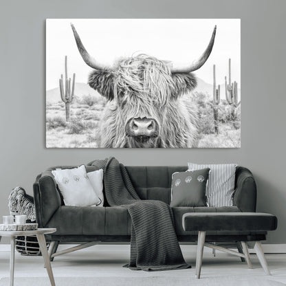 94579-MGV-CV-36X24-Highland Cow Wall Art – Black and White Longhorn Canvas Print, Rustic Western Farmhouse Animal Photography for Living Room,