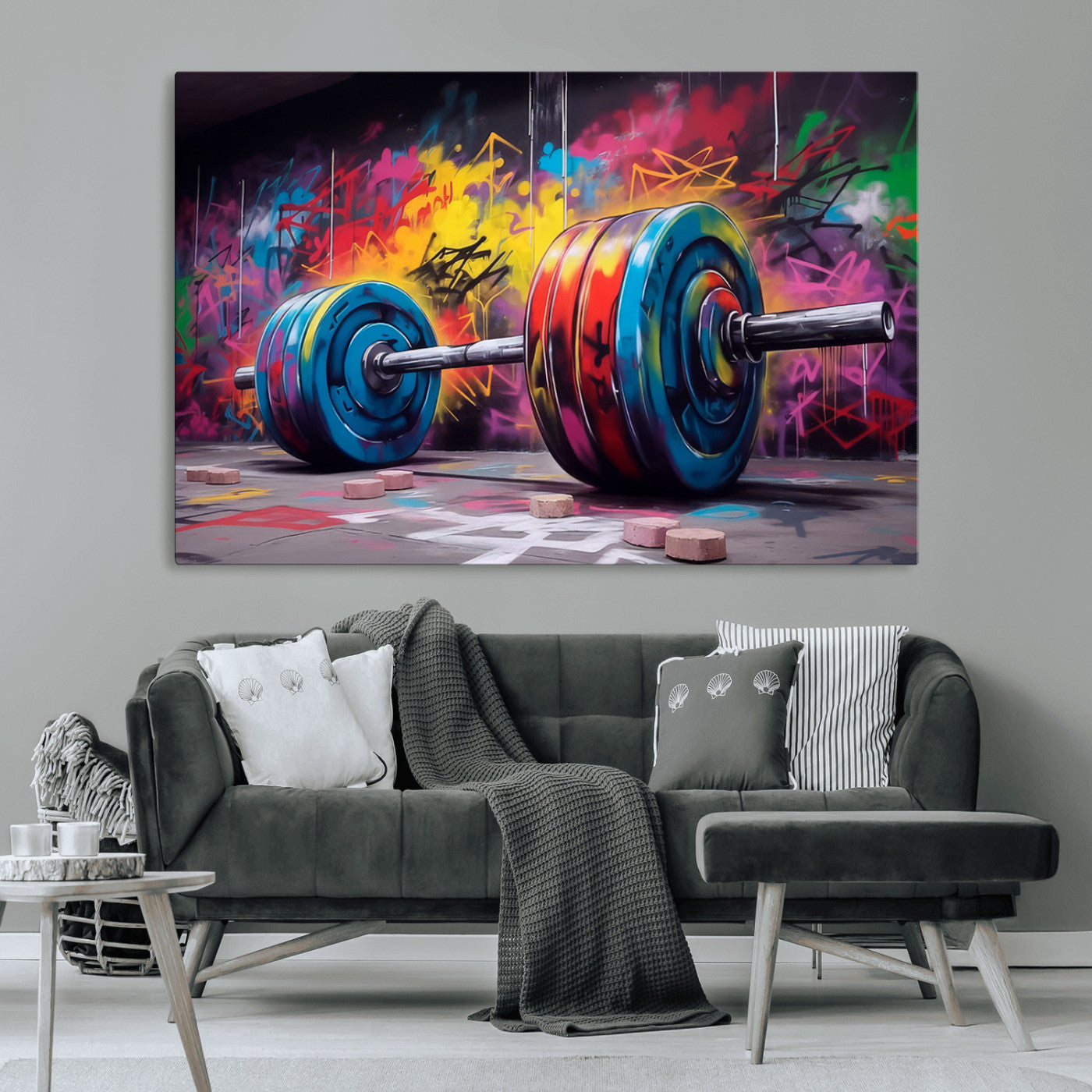 13549-MGV-CV-36X24-Graffiti Gym Wall Art Canvas Print, Framed Graffiti Barbell Art Picture Print, Weightlifting Perfect Fitness Studio Decor Artwork