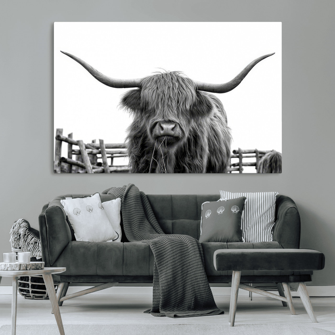 58188-MGV-CV-36X24-Highland Cow Wall Art – Black and White Rustic Farmhouse Canvas Print, Longhorn Cattle Photography Decor for Living Room or