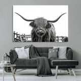 58188-MGV-CV-36X24-Highland Cow Wall Art – Black and White Rustic Farmhouse Canvas Print, Longhorn Cattle Photography Decor for Living Room or
