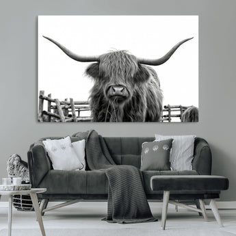 58188-MGV-CV-36X24-Highland Cow Wall Art – Black and White Rustic Farmhouse Canvas Print, Longhorn Cattle Photography Decor for Living Room or