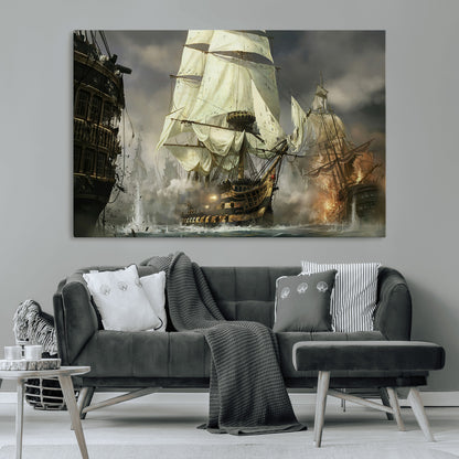 26512-MGV-CV-36X24-Naval Battle Wall Art – Dramatic Tall Ship Canvas Print, Historic Pirate Sailing War Scene, Nautical Decor for Office, Study or