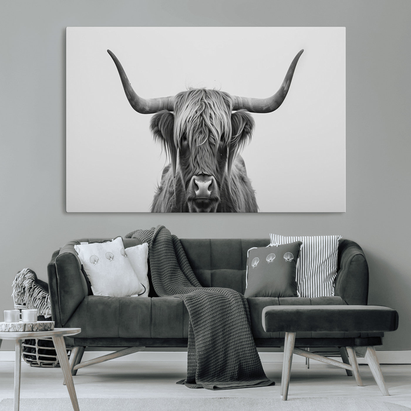 35820-MGV-CV-36X24-Minimalist Highland Cow Wall Art – Black and White Longhorn Cattle Canvas Print, Modern Farmhouse Animal Photography Decor for