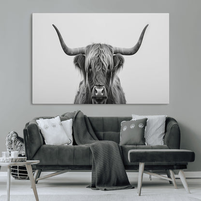 35820-MGV-CV-36X24-Minimalist Highland Cow Wall Art – Black and White Longhorn Cattle Canvas Print, Modern Farmhouse Animal Photography Decor for