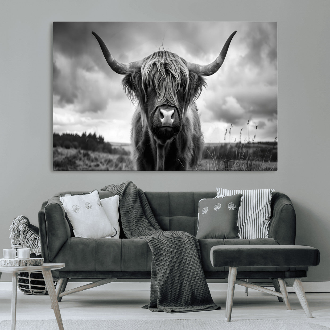 17924-MGV-CV-36X24-Highland Cow Wall Art – Black and White Rustic Longhorn Cattle Canvas Print, Farmhouse Animal Photography Decor for Country Home