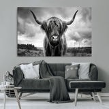 17924-MGV-CV-36X24-Highland Cow Wall Art – Black and White Rustic Longhorn Cattle Canvas Print, Farmhouse Animal Photography Decor for Country Home