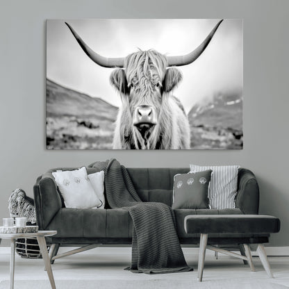 80564-MGV-CV-36X24-Highland Cow Wall Art – Black and White Scottish Highland Canvas Print, Rustic Farmhouse Decor for Living Room, Bedroom or Office