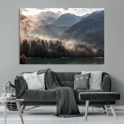 61116-MGV-CV-36X24-Misty Mountain Lake Wall Art – Tranquil Foggy Forest and Lake Canvas Print, Scenic Nature Landscape Decor for Living Room or