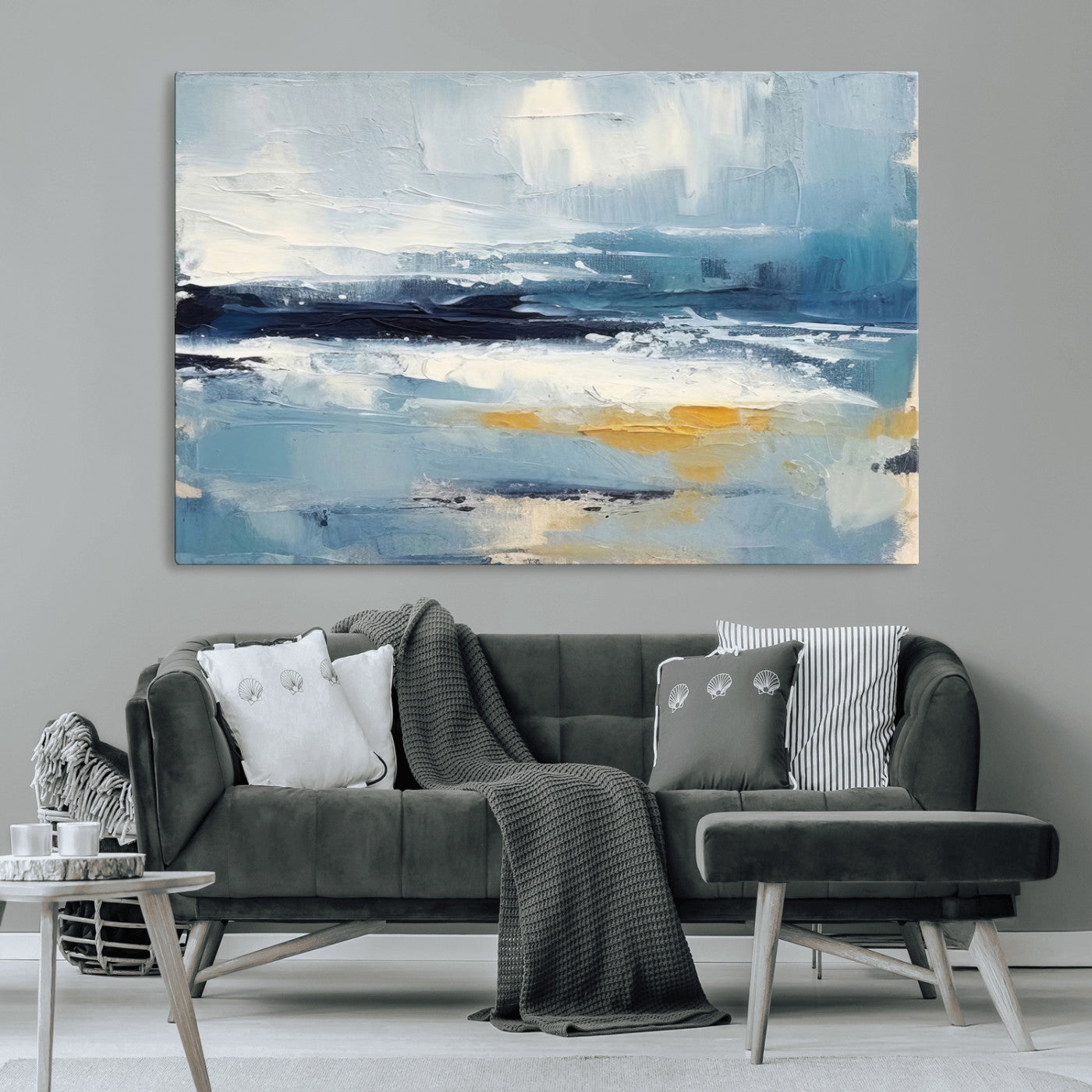 19746-MGV-CV-36X24-Abstract Ocean Wall Art – Modern Coastal Canvas Print with Blue, White and Gold Textures, Contemporary Seascape Painting for