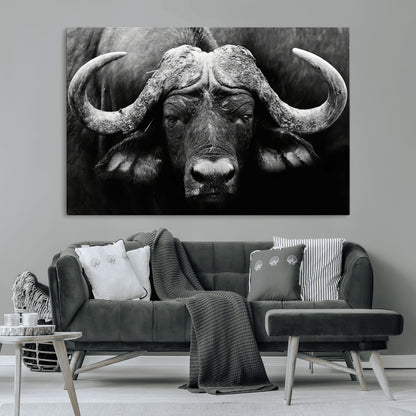 75273-MGV-CV-36X24-Buffalo Wall Art – Black and White African Buffalo Canvas Print, Rustic Wildlife Animal Artwork for Farmhouse, Living Room,