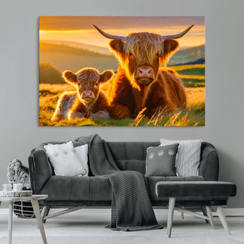 20567-MGV-CV-36X24-Highland Cow and Calf Wall Art – Rustic Farmhouse Sunset Cattle Canvas Print, Country Animal Artwork for Living Room, Bedroom, or