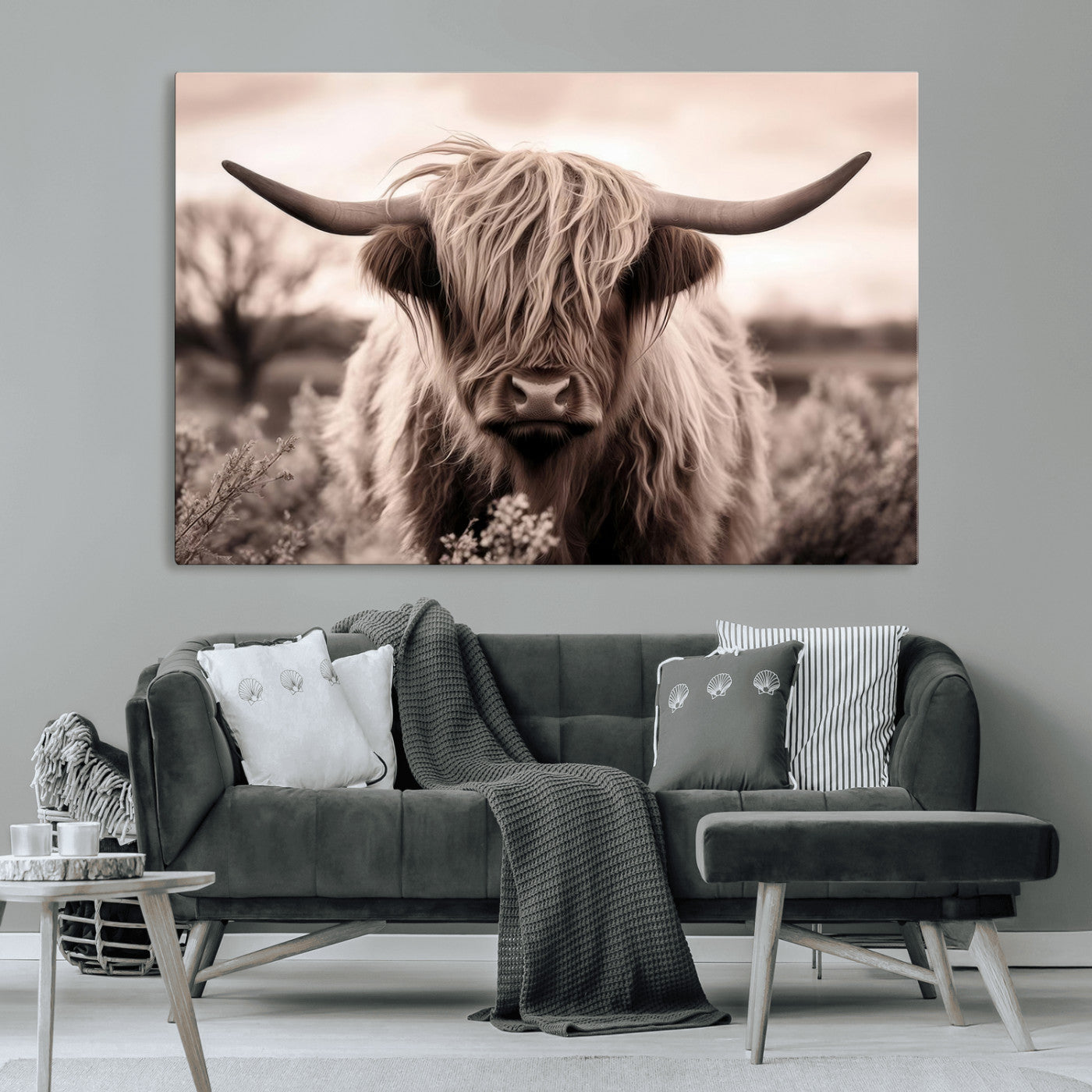 55903-MGV-CV-36X24-Highland Cow Wall Art – Rustic Sepia Scottish Highland Bull Canvas Print, Farmhouse Country Animal Decor for Living Room, Bedroom