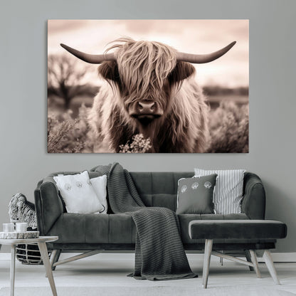 55903-MGV-CV-36X24-Highland Cow Wall Art – Rustic Sepia Scottish Highland Bull Canvas Print, Farmhouse Country Animal Decor for Living Room, Bedroom