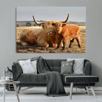 53461-MGV-CV-36X24-Highland Cow Family Wall Art – Rustic Farmhouse Animal Canvas Print, Country Decor for Living Room, Bedroom or Office, Calf and