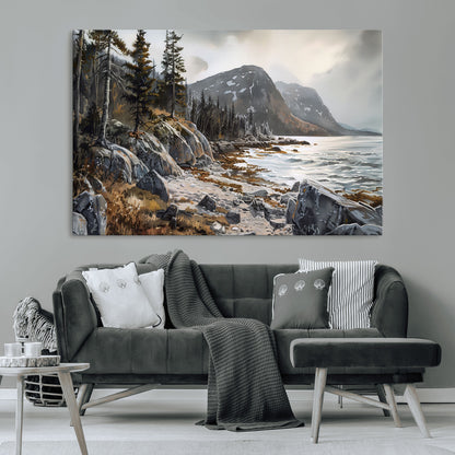41281-MGV-CV-36X24-Rocky Shoreline Wall Art – Panoramic Mountain Coast and Forest Canvas Print, Rustic Nature Landscape Decor for Cabin, Lodge, or