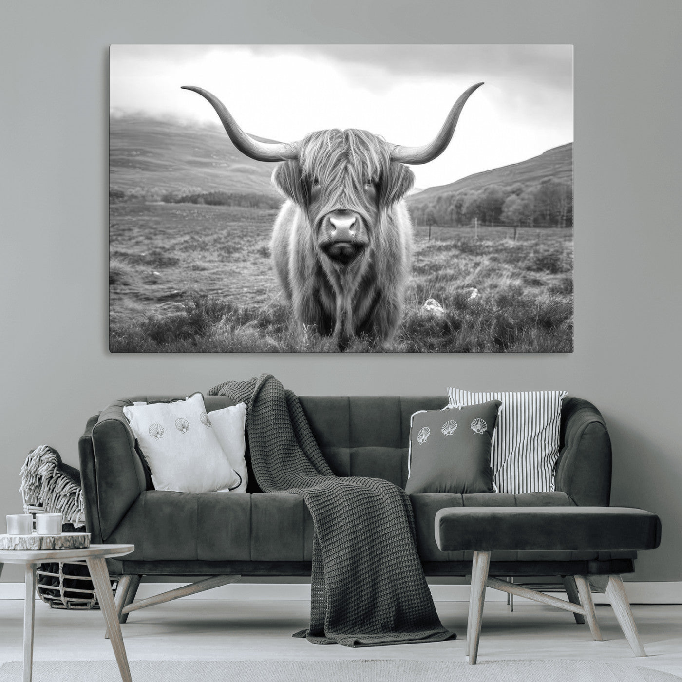 52903-MGV-CV-36X24-Highland Cow Wall Art – Black and White Canvas Print Rustic Cattle Portrait, Farmhouse Country Decor for Living Room, Office,