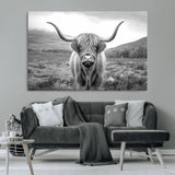 52903-MGV-CV-36X24-Highland Cow Wall Art – Black and White Canvas Print Rustic Cattle Portrait, Farmhouse Country Decor for Living Room, Office,