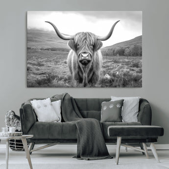 52903-MGV-CV-36X24-Highland Cow Wall Art – Black and White Canvas Print Rustic Cattle Portrait, Farmhouse Country Decor for Living Room, Office,