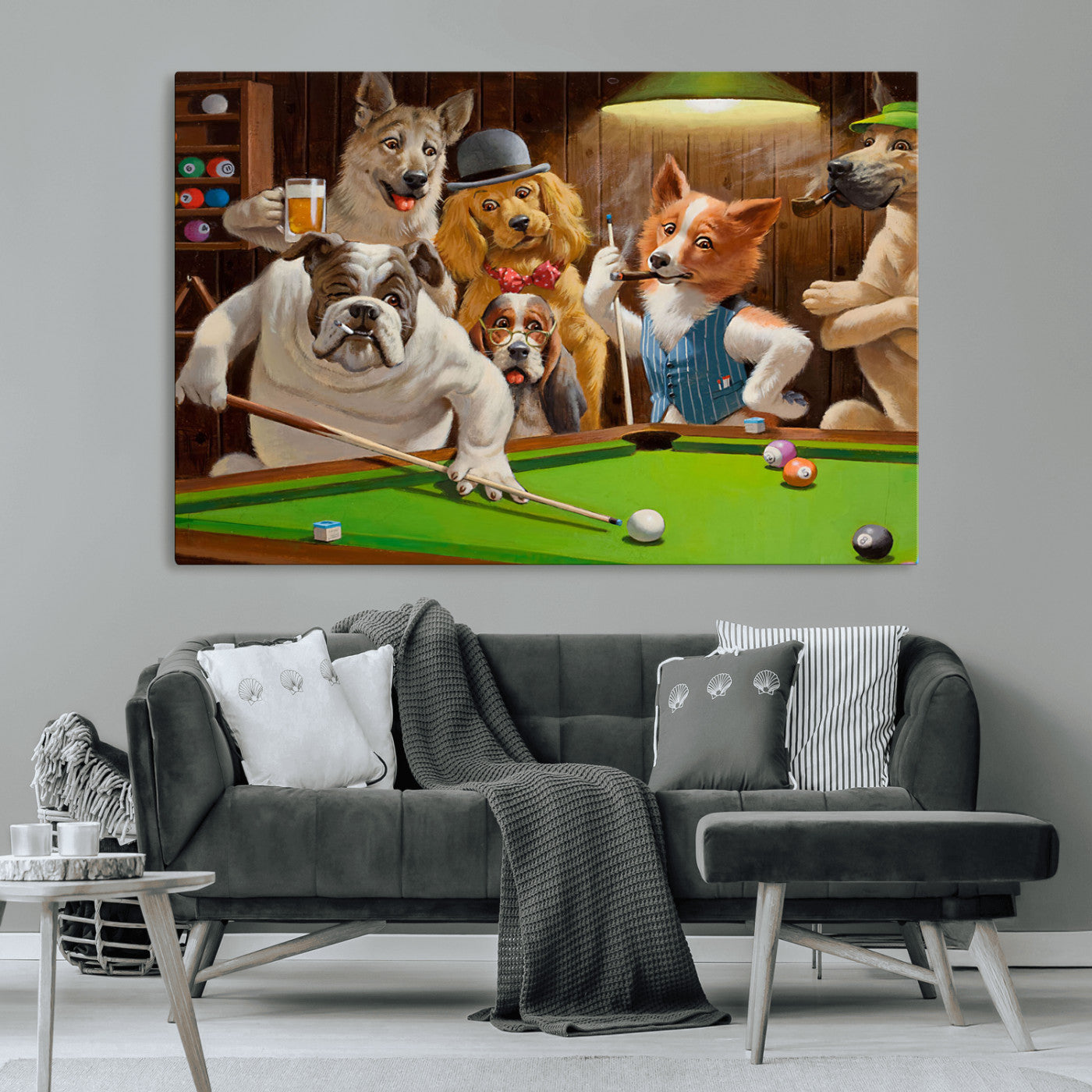 34228-MGV-CV-36X24-Dogs Playing Pool Wall Art Canvas Print, Framed Funny Dog Art Picture Print, Dog Perfect Game Room Decor Artwork