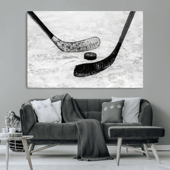82900-MGV-CV-36X24-Hockey Wall Art – Black and White Canvas Print Ice Rink Sticks Puck Sports Photography, Modern Decor for Game Room, Man Cave,