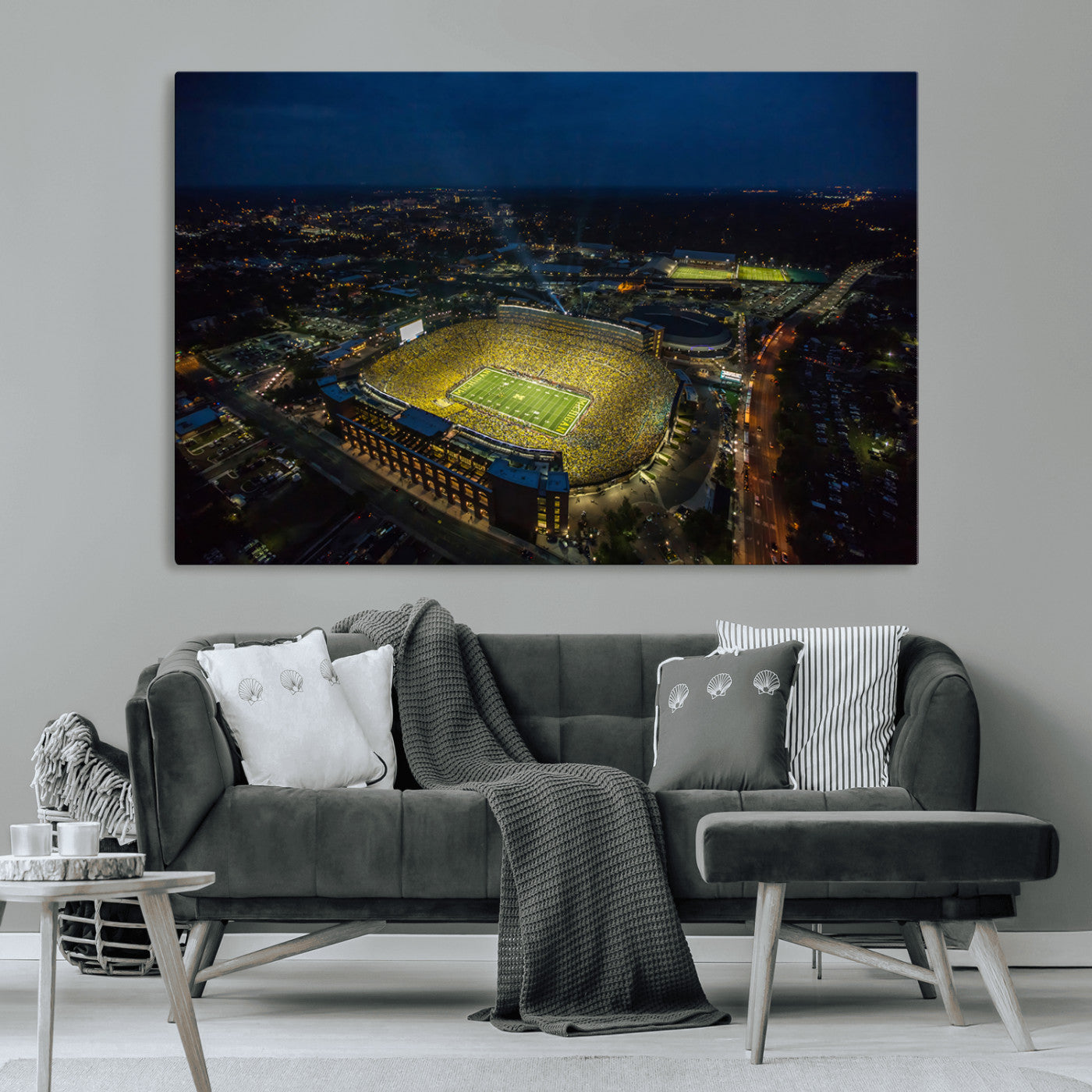 33588-MGV-CV-36X24-Football Stadium Wall Art – Aerial Night Game Canvas Print Packed Field City Lights, Sports Photography Decor for Game Room, Man