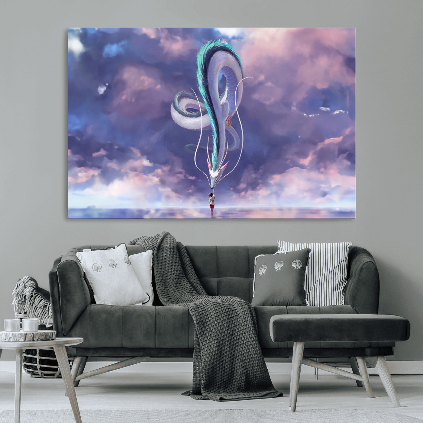 66864-MGV-CV-36X24-Fantasy Dragon Wall Art – Mystical Canvas Print Girl and Sky Serpent Dreamlike Clouds, Magical Anime Inspired Decor for Living