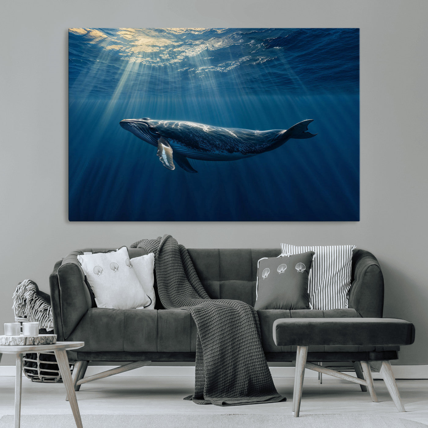18052-MGV-CV-36X24-Whale Wall Art – Majestic Ocean Canvas Print Marine Life Underwater Sunlight Scene, Nautical Coastal Decor for Living Room,
