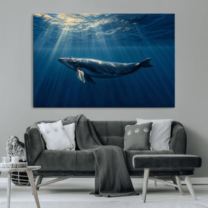 18052-MGV-CV-36X24-Whale Wall Art – Majestic Ocean Canvas Print Marine Life Underwater Sunlight Scene, Nautical Coastal Decor for Living Room,