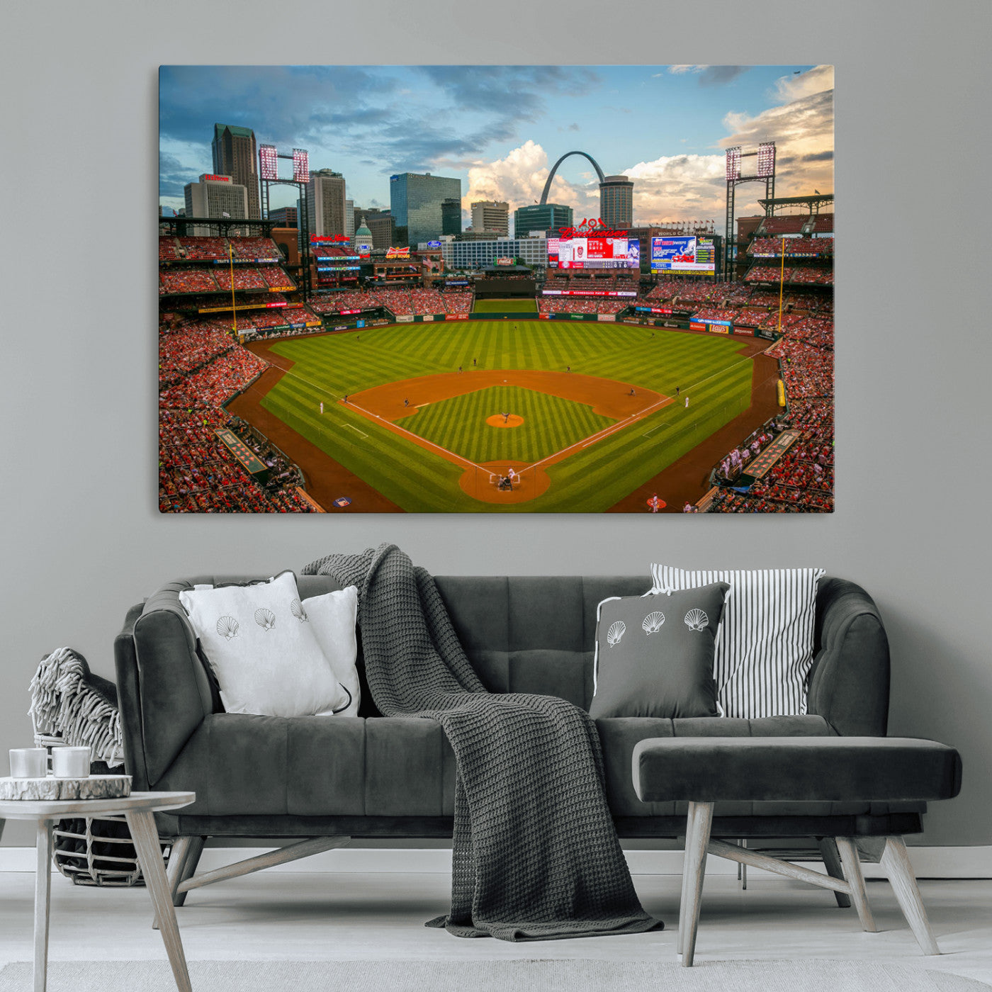 91908-MGV-CV-36X24-Baseball Stadium Wall Art – Canvas Print Game Day Field City Skyline Iconic Arch Scene Sports Photography, Decor for Game Room,