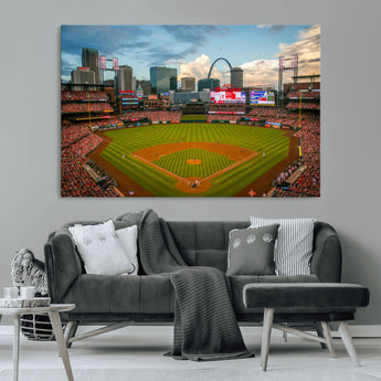 91908-MGV-CV-36X24-Baseball Stadium Wall Art – Canvas Print Game Day Field City Skyline Iconic Arch Scene Sports Photography, Decor for Game Room,