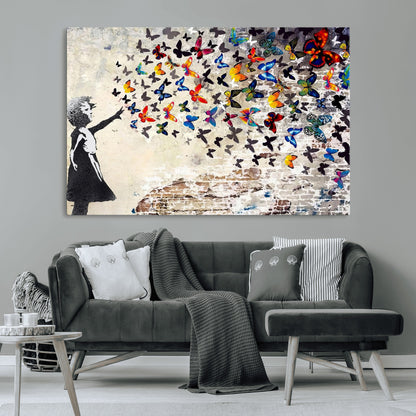 97895-MGV-CV-36X24-Girl with Butterflies Wall Art – Colorful Street Art Style Canvas Print, Modern Graffiti-Inspired Butterfly Artwork for Living