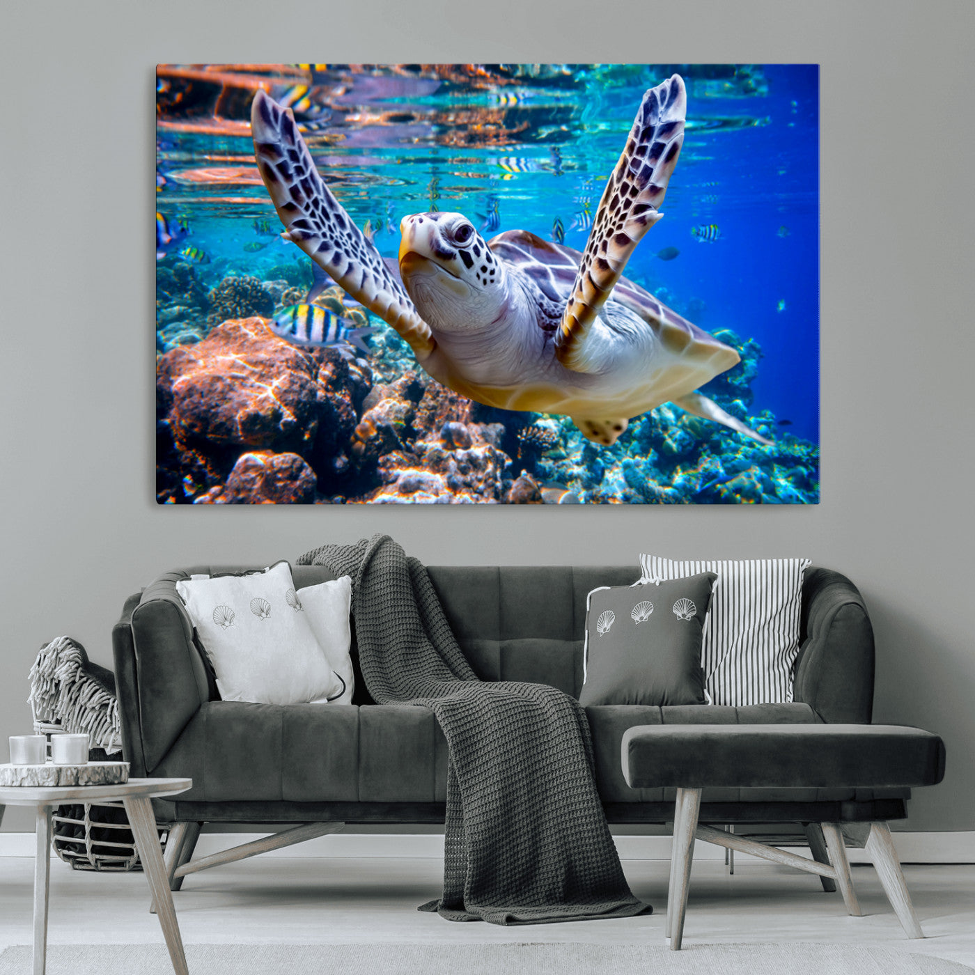 12683-MGV-CV-36X24-Sea Turtle Wall Art – Graceful Ocean Canvas Print with Coral Reef and Tropical Fish, Coastal Marine Life Decor for Beach House,